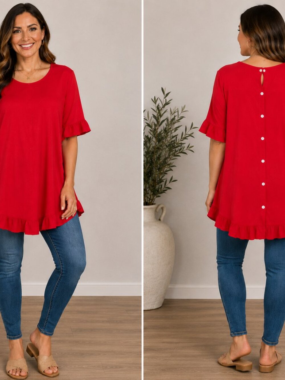 Red High Low Ruffle Blouse Tunic Large Button Back Keyhole - Picture 7 of 7